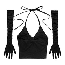 Load image into Gallery viewer, Womens Pole Dancing Costumes Transparent Mesh Camisole Sexy Halter Lace-up Vest Top V Neck Backless Crop Tops With Ruched Gloves