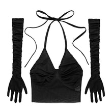 Load image into Gallery viewer, Womens Pole Dancing Costumes Transparent Mesh Camisole Sexy Halter Lace-up Vest Top V Neck Backless Crop Tops With Ruched Gloves