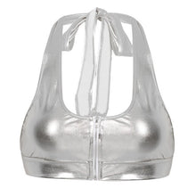 Load image into Gallery viewer, Womens Rave Crop Top Front Zipper Strapless Shiny Top Adjustable Crop Halter Top Rave Outfit Clubwear Pole Dance Tank Top
