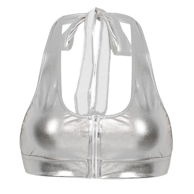 Womens Rave Crop Top Front Zipper Strapless Shiny Top Adjustable Crop Halter Top Rave Outfit Clubwear Pole Dance Tank Top