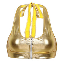 Load image into Gallery viewer, Womens Rave Crop Top Front Zipper Strapless Shiny Top Adjustable Crop Halter Top Rave Outfit Clubwear Pole Dance Tank Top