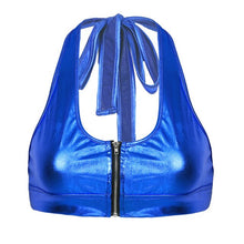 Load image into Gallery viewer, Womens Rave Crop Top Front Zipper Strapless Shiny Top Adjustable Crop Halter Top Rave Outfit Clubwear Pole Dance Tank Top