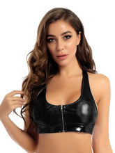 Load image into Gallery viewer, Womens Rave Crop Top Front Zipper Strapless Shiny Top Adjustable Crop Halter Top Rave Outfit Clubwear Pole Dance Tank Top