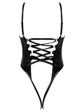Load image into Gallery viewer, Womens Sexy Bodysuit See Through Hollow Out Patent Leather Mesh Lace-up Back Underwire Bra Crotchless  Erotic Lingeries Costume