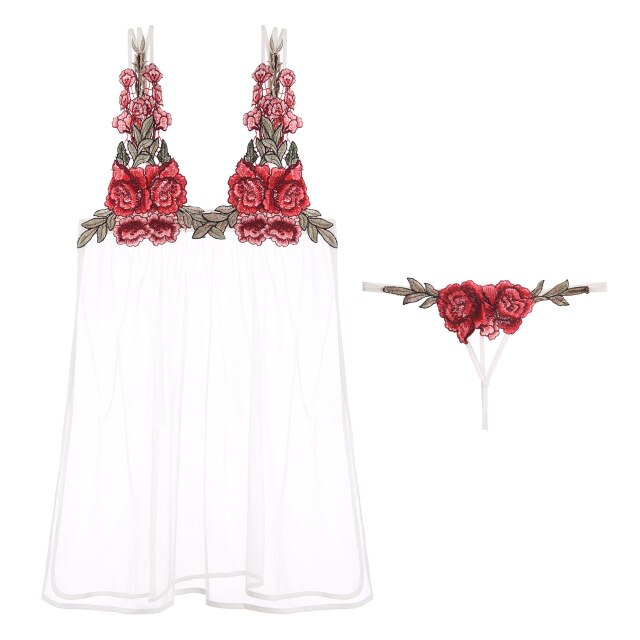 Womens Sexy Flower Embroidery Temptation Erotic Lingerie Deep V-neck Lace Side Slit Sling Net Yarn See-though Nightie Dresses