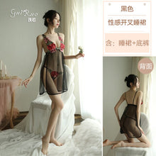 Load image into Gallery viewer, Womens Sexy Flower Embroidery Temptation Erotic Lingerie Deep V-neck Lace Side Slit Sling Net Yarn See-though Nightie Dresses