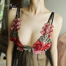 Load image into Gallery viewer, Womens Sexy Flower Embroidery Temptation Erotic Lingerie Deep V-neck Lace Side Slit Sling Net Yarn See-though Nightie Dresses
