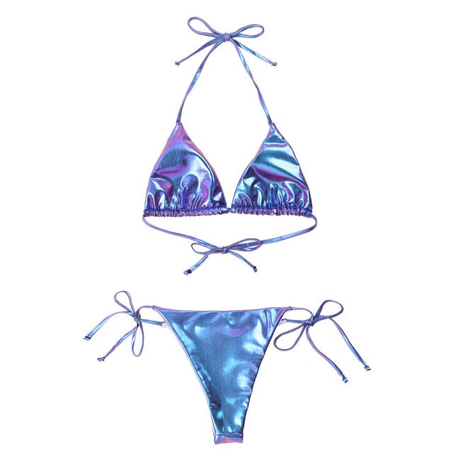 Womens Sexy Lingerie Set Bikini Swimwear Patent Leather Shiny Metallic Lace-up Padded Bra with Briefs Ladies Bikini Swimsuit