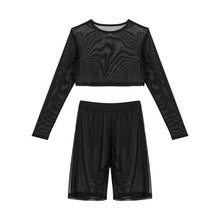 Load image into Gallery viewer, Womens Sexy Lingerie Suit See Through Mesh Round Neck Long Sleeve Blouse with High Waist Elastic Waistband Undershorts Underwear