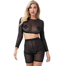 Load image into Gallery viewer, Womens Sexy Lingerie Suit See Through Mesh Round Neck Long Sleeve Blouse with High Waist Elastic Waistband Undershorts Underwear