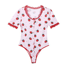 Load image into Gallery viewer, Womens Sexy Teddies Catsuit Sleepwear Lace Trim Romper Bodysuit Round Neck Shortsleeve Button Closure Wetlook Nightwear Jumpsuit