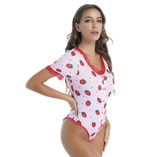 Load image into Gallery viewer, Womens Sexy Teddies Catsuit Sleepwear Lace Trim Romper Bodysuit Round Neck Shortsleeve Button Closure Wetlook Nightwear Jumpsuit