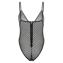 Load image into Gallery viewer, Womens Teddies Catsuit See-through Hollow Out Fishnet Bodysuit Patent Leather Patchwork Romper High Cut Spaghetti Strap Leotard