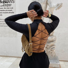 Load image into Gallery viewer, Womon cotton hollow out sexy tshirt bandage backless long sleeve tops Harajuku slim bodycon streetwear knitted tees