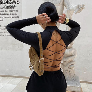 Womon cotton hollow out sexy tshirt bandage backless long sleeve tops Harajuku slim bodycon streetwear knitted tees