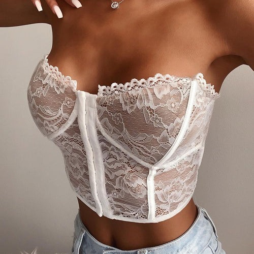 Y2K 2022 Fashion Backless Bottoming Corset Tops Sexy Black Transparent Lace Tank Cropped Casual Party Women's Clothing Tshirt
