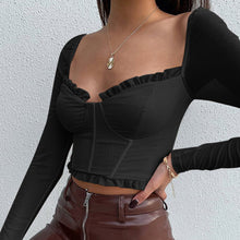 Load image into Gallery viewer, Y2K 2022 Spring Fall Fashion Net Yarn Square Neck Black Long Sleeves Women&#39;s Blouses Sexy Tank Cropped Casual Tops Shirts Tee