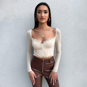 Y2K 2022 Spring Fall Fashion Net Yarn Square Neck Black Long Sleeves Women&#39;s Blouses Sexy Tank Cropped Casual Tops Shirts Tee