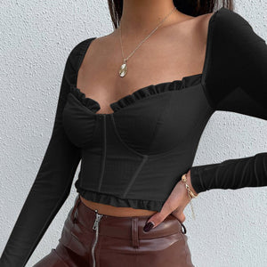 Y2K 2022 Spring Fall Fashion Net Yarn Square Neck Black Long Sleeves Women&#39;s Blouses Sexy Tank Cropped Casual Tops Shirts Tee