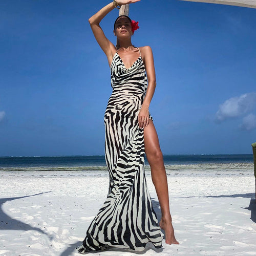 Y2K 2022 Tank Strap Zebra Sling Elegant Split Casual Evening Party Sexy Backless Split Women's Clothes Beach Vacation Maxi Dress