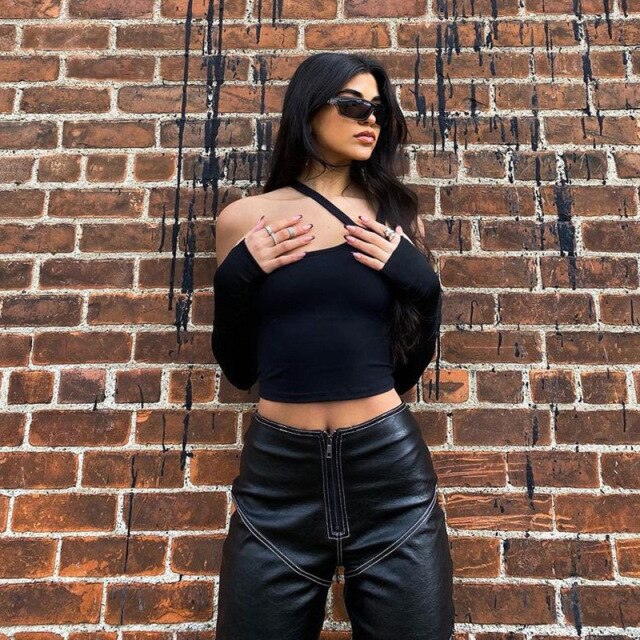 Y2K Black Halter Neck Crop Top Sexy Women Streetwear 2021 Skinny Cut Out Long Sleeve Autumn Casual T Shirt Fashion Tops