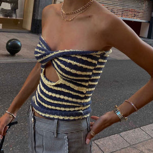 Y2K Fashion 2022 Summer Knitted Sexy Strapless Sweaters Crop Tops Striped Tshirt Women Backless Tanks Tees Streetwear T-Shirt