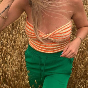 Y2K Fashion 2022 Summer Knitted Sexy Strapless Sweaters Crop Tops Striped Tshirt Women Backless Tanks Tees Streetwear T-Shirt