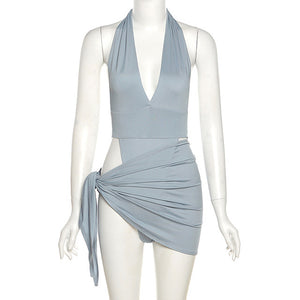 Y2K Summer New Halter Strap V-Neck Casual Backless Sexy Women&#39;s Clothes Basic Bodysuits 2 Piece Beach Mini Dress