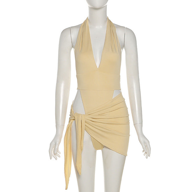 Y2K Summer New Halter Strap V-Neck Casual Backless Sexy Women's Clothes Basic Bodysuits 2 Piece Beach Mini Dress