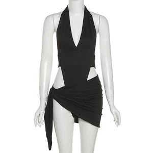 Y2K Summer New Halter Strap V-Neck Casual Backless Sexy Women&#39;s Clothes Basic Bodysuits 2 Piece Beach Mini Dress