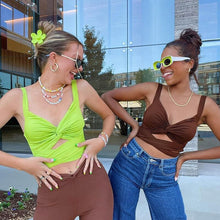 Load image into Gallery viewer, Y2k Fairycore Hollow Out V Neck Women Crop Top Pure Brown Patchwork Sleeveless Slim Tee Pullover Cropped Casual Women Vest 2022