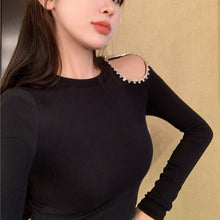 Load image into Gallery viewer, Y2k Hollow Out Strapless Diamond Women T-shirt Long Sleeve Round Neck Slim Solid Women Tees Knitwear With Bottoming Inside