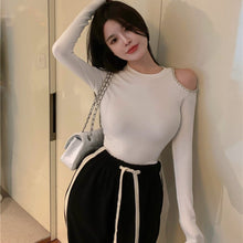 Load image into Gallery viewer, Y2k Hollow Out Strapless Diamond Women T-shirt Long Sleeve Round Neck Slim Solid Women Tees Knitwear With Bottoming Inside