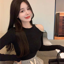 Load image into Gallery viewer, Y2k Hollow Out Strapless Diamond Women T-shirt Long Sleeve Round Neck Slim Solid Women Tees Knitwear With Bottoming Inside