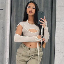 Load image into Gallery viewer, Y2k Punk Sexy Women 2 Pc Set T-shirts Cyber Bodycon Patchwork Halter Crop Tops Grunge Bandage Cut Out Sleeve Streewear Fairycore