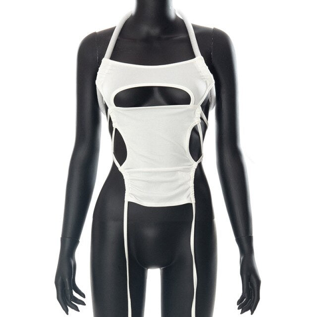Y2k Sexy Hollow Out Backless Square Collar Crop Top Pure Color Lace-up Halter Neck Hole Drawstring Casual Women's Blouse 2022