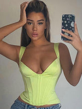 Load image into Gallery viewer, Y2k Sexy Patchwork Deep V Neck Women Crop Tops Solid Low Cut Sleeveless Skinny Fish Bone Slim Tee Summer Beach Style 2022 New