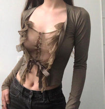 Load image into Gallery viewer, Y2k Vintage Sexy French Square Neck Women Crop Top Mesh Button Bow Tie Tee ArmyGreen Long Sleeve Transparent Pullover 2022 New