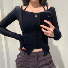 Load image into Gallery viewer, Y2k Vintage Sexy Hollow Out Slash Neck T-shirt Gothic Harajuku Punk Bodycon Stitch Basic Tops 2022 Summer New Streetwear
