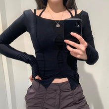 Load image into Gallery viewer, Y2k Vintage Sexy Hollow Out Slash Neck T-shirt Gothic Harajuku Punk Bodycon Stitch Basic Tops 2022 Summer New Streetwear