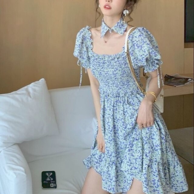 Yellow Floral Elegant Dress Women Puff Sleeve Retro Casual Beach Party Dresses Korean Style Bule Print Summer Light Dresses 2021