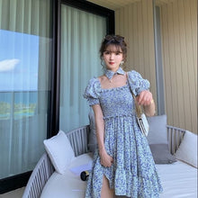 Load image into Gallery viewer, Yellow Floral Elegant Dress Women Puff Sleeve Retro Casual Beach Party Dresses Korean Style Bule Print Summer Light Dresses 2021