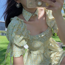 Load image into Gallery viewer, Yellow Floral Elegant Dress Women Puff Sleeve Retro Casual Beach Party Dresses Korean Style Bule Print Summer Light Dresses 2021
