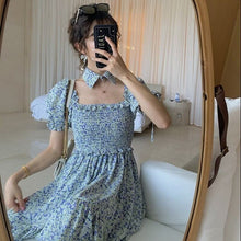 Load image into Gallery viewer, Yellow Floral Elegant Dress Women Puff Sleeve Retro Casual Beach Party Dresses Korean Style Bule Print Summer Light Dresses 2021
