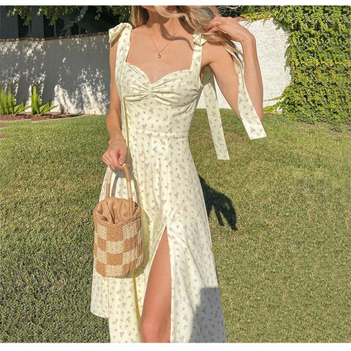Yellow Print Dress Women Sexy Side Split Floral Ladies Dress Summer Sleeveless Tie Up Bow Strap Elegant Midi Dresses Casual