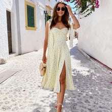 Load image into Gallery viewer, Yellow Print Dress Women Sexy Side Split Floral Ladies Dress Summer Sleeveless Tie Up Bow Strap Elegant Midi Dresses Casual