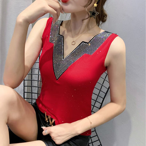 camisetas mujer new 2020 Summer sleeveless V-neck hot drill T-Shirt Fashion Casual Lace hollow out Korean mesh shirt