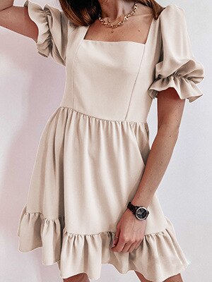 casual lantern sleeve ruffles mini dress women summer fashion pure color slim dresses for women 2021 pink a-line robe femme
