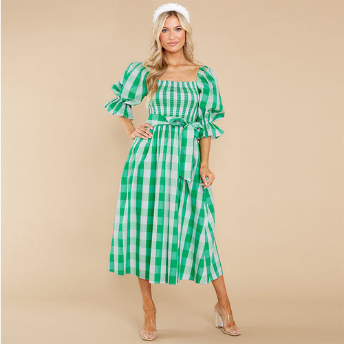 dresses for women 2022 Summer slim Slash-neck strapless plaid print beach dress Sexy bow midi female dress