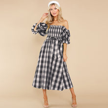 Load image into Gallery viewer, dresses for women 2022 Summer slim Slash-neck strapless plaid print beach dress Sexy bow midi female dress